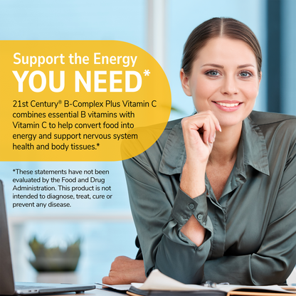 Happy woman with health supplement information overlay