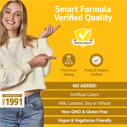 Woman holding her hand out with Smart Ingredients branding on a gold background and No Added info