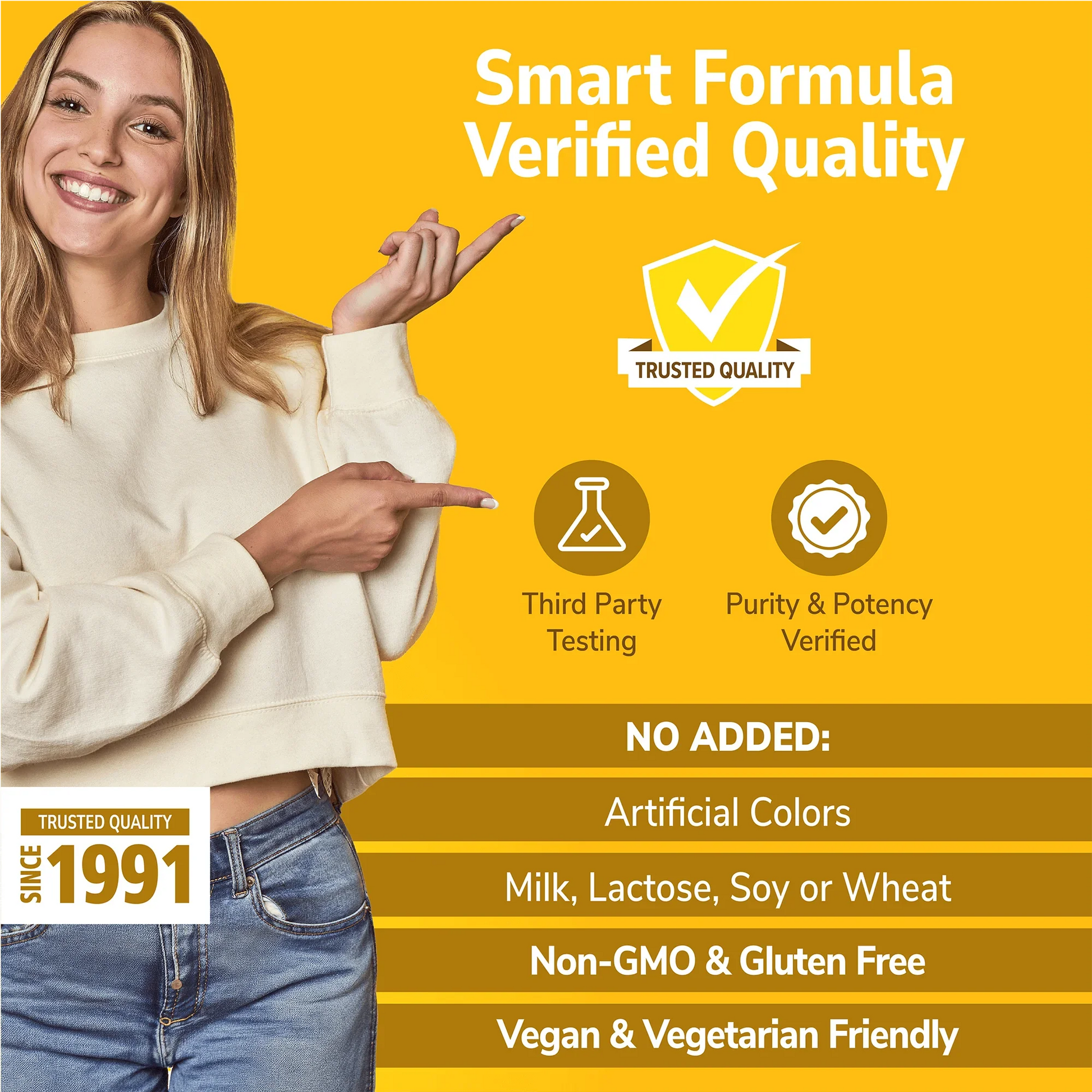 Woman holding her hand out with Smart Formula branding on a gold background and No Added info