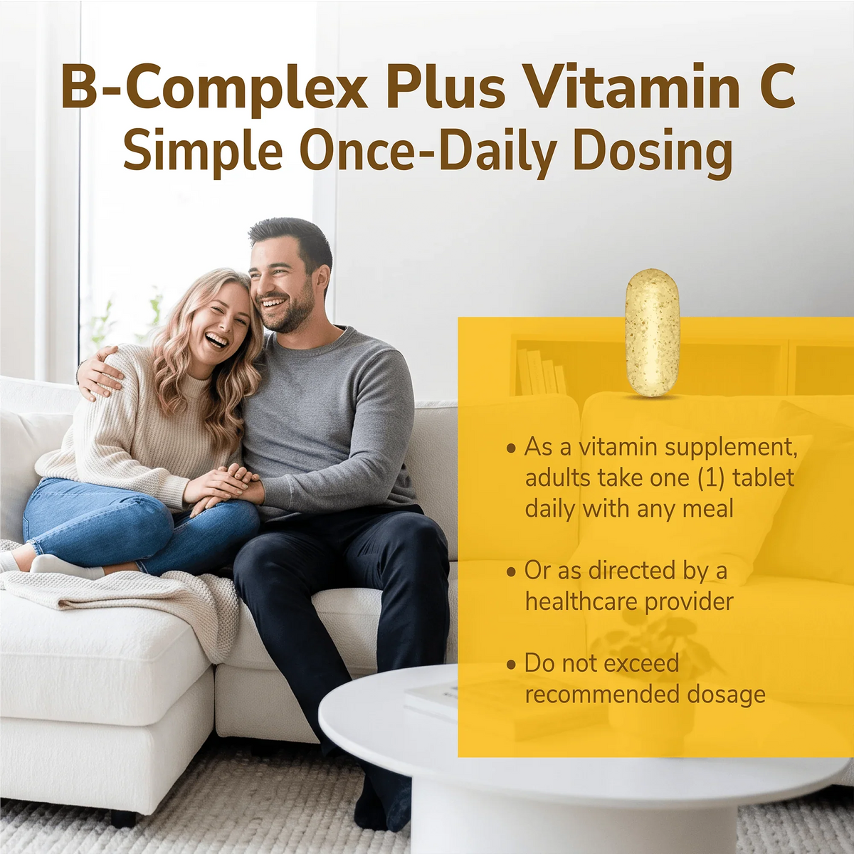 Man and woman smiling indoors with a product advertisement overlay and product directions