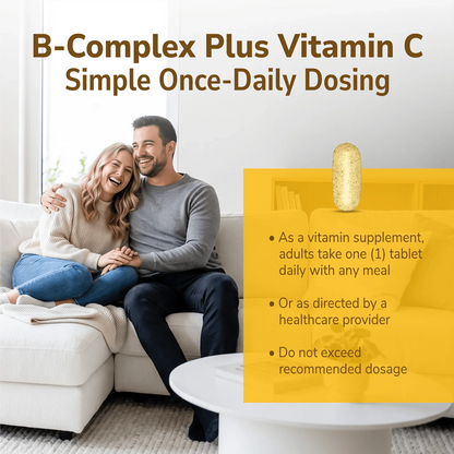 Man and woman smiling indoors with a product advertisement overlay and product directions