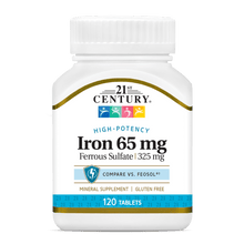 A bottle of 21st Century Iron 65 mg 325 mg Ferrous Sulfate high potency tablets.