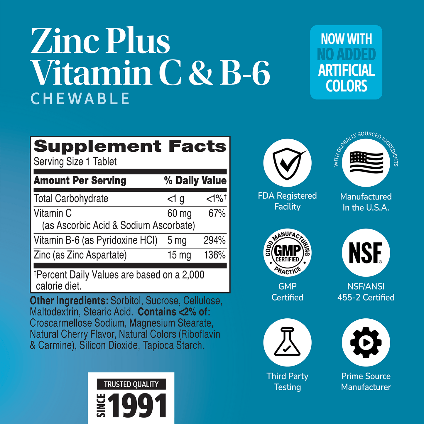Supplement label for Chewable Zinc plus Vitamin C & B-6 with ingredient list and serving size on a blue background with quality image icons inc 