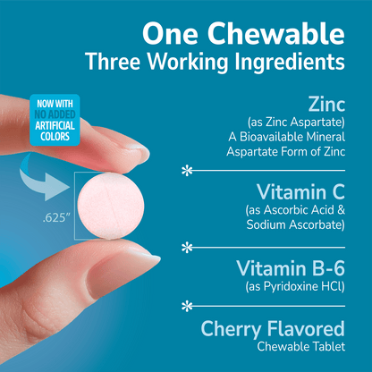 Hand holding a Chewable Zinc supplement with text about product benefits on a blue background
