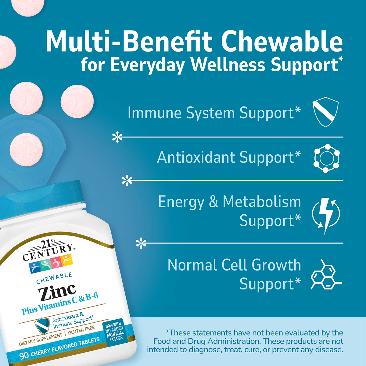 21st Century Chewable Zinc plus Vitamin C & B-6 mineral supplement bottle with pills spilling out and white text on a blue background