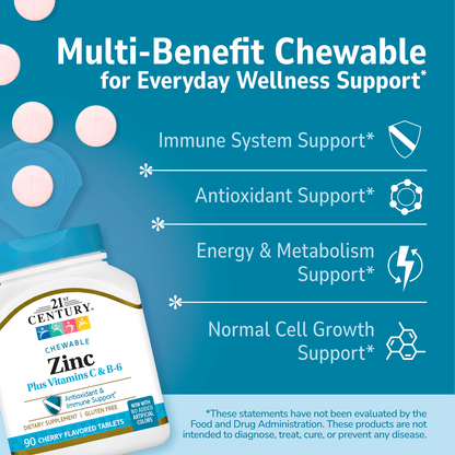 21st Century Chewable Zinc plus Vitamin C & B-6 mineral supplement bottle with pills spilling out and white text on a blue background