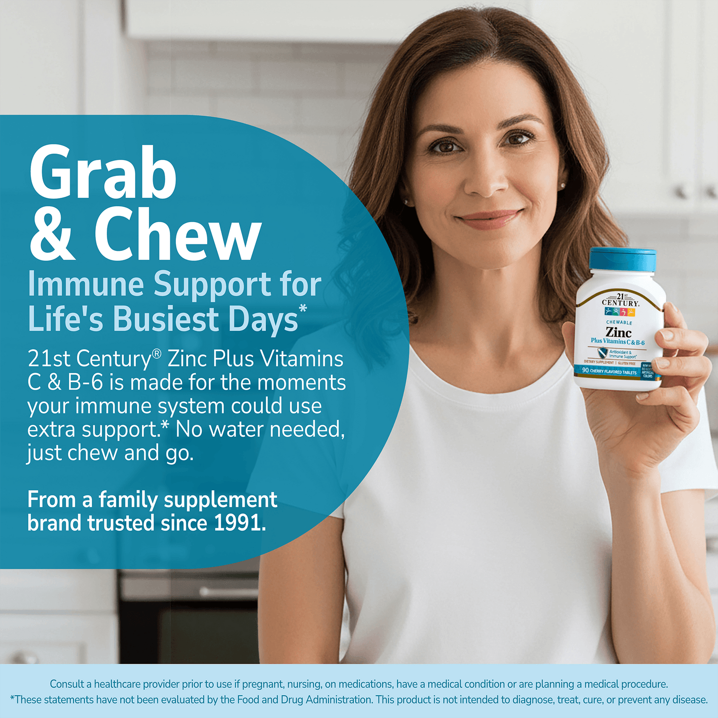Woman holding the product with health supplement information overlay