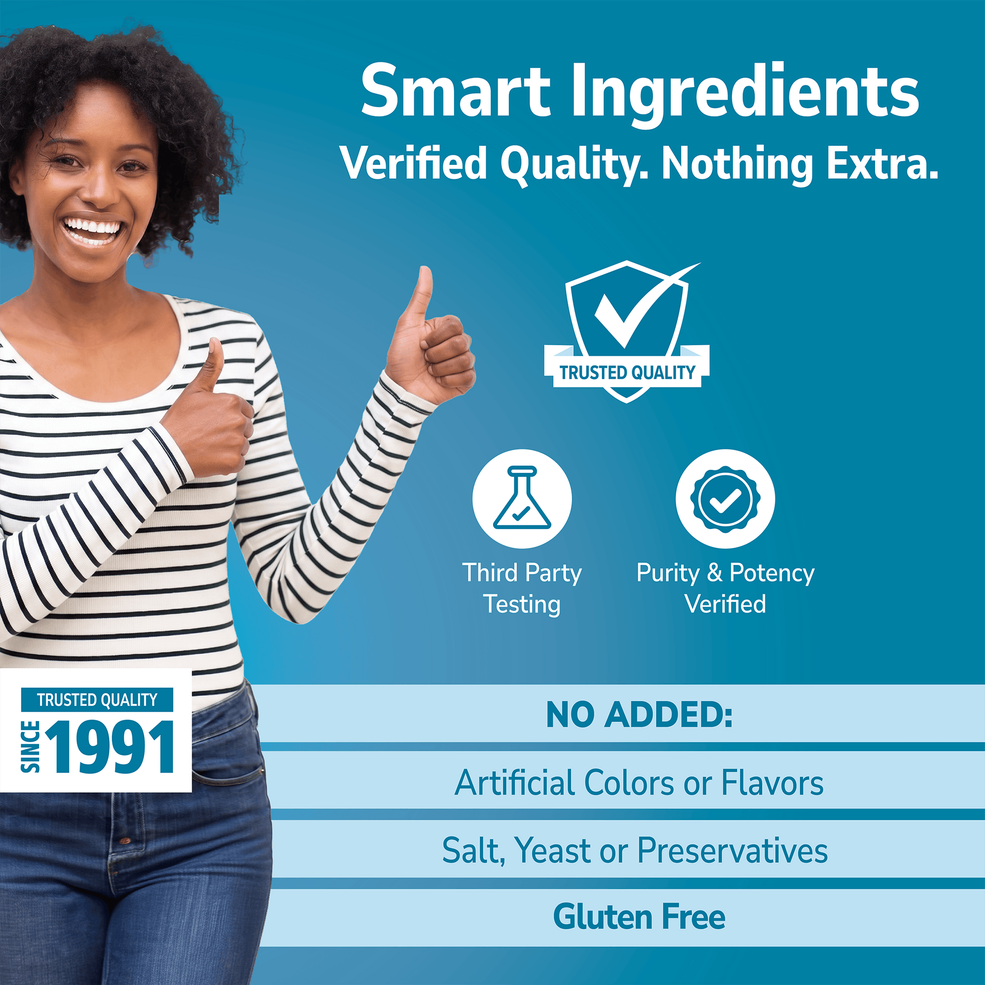 Woman holding her hand out with Smart Ingredients branding on a blue background and No Added info