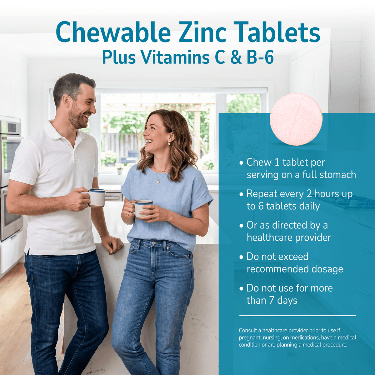 Man and woman smiling indoors with a product advertisement overlay and product directions