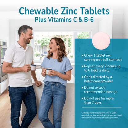 Man and woman smiling indoors with a product advertisement overlay and product directions