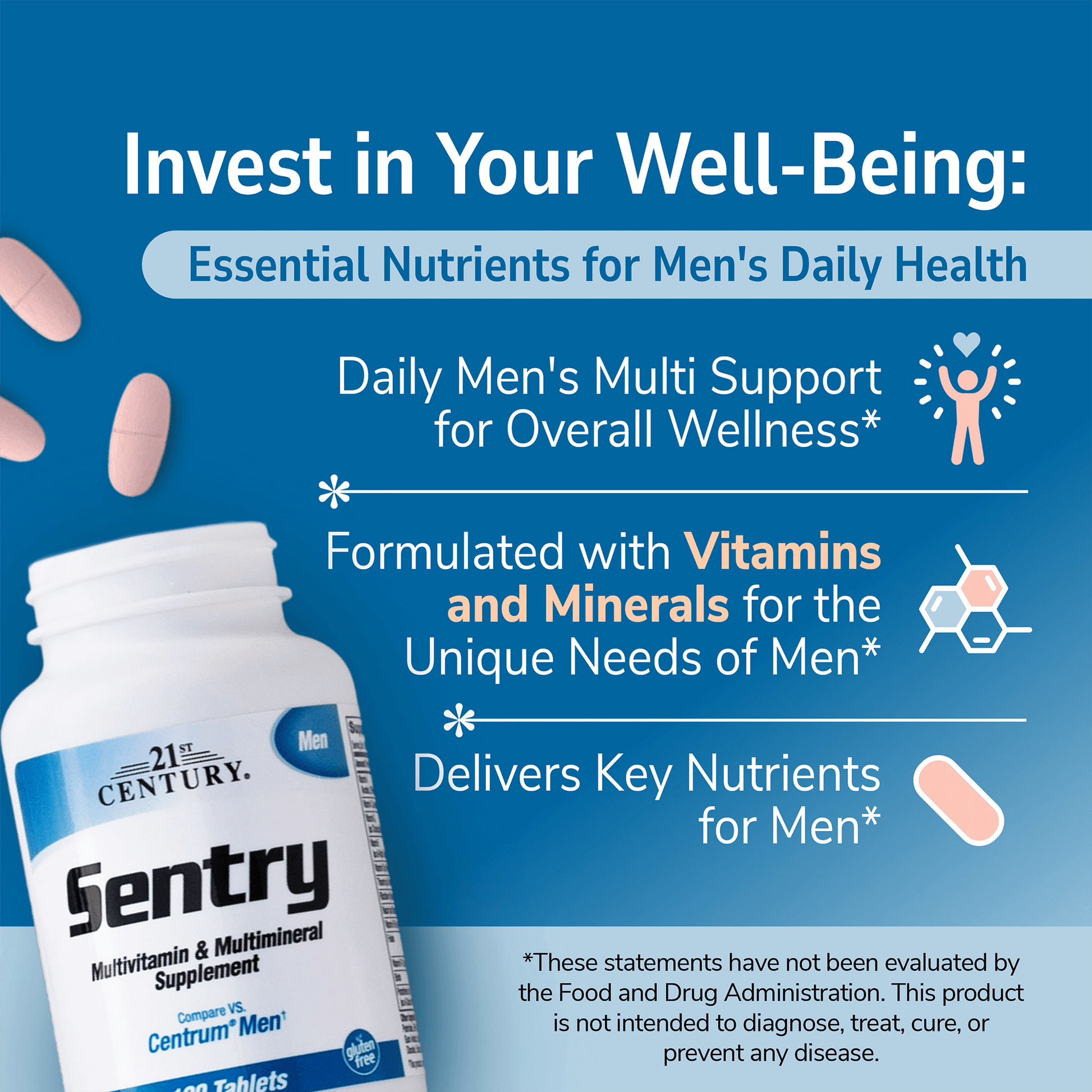 A bottle image of Sentry Mens with adult multivitamin tablet coming out of the top and the claims invest in your well being, essential nutrients for men's daily health, daily men's multi support for overall wellness, formulated with vitamins and minerals for the unique needs of men, and delivers key nutrients for men.