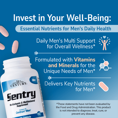 A bottle image of Sentry Mens with adult multivitamin tablet coming out of the top and the claims invest in your well being, essential nutrients for men's daily health, daily men's multi support for overall wellness, formulated with vitamins and minerals for the unique needs of men, and delivers key nutrients for men.