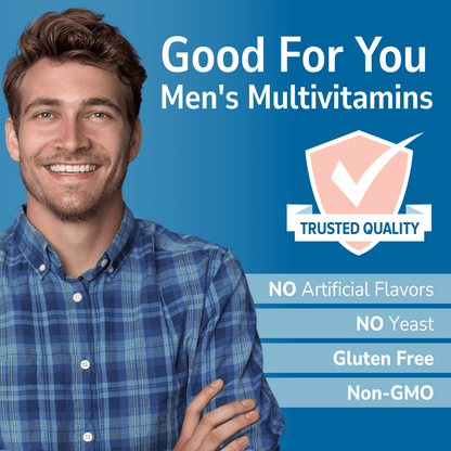 An image of a man wearing a plaid shirt, a trusted quality seal, the copy good for you men's multivitamin and the nutrient claims no artificial flavors, no yeast, gluten free and non-gmo.