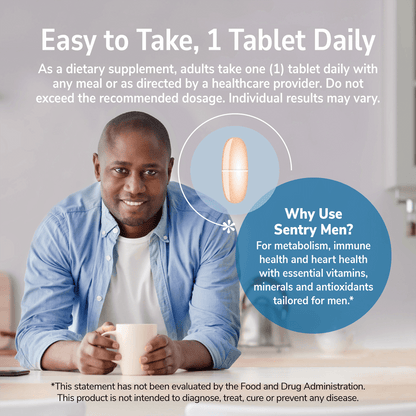 An image of a man leaning on a counter holding a cup of coffee, sentry men's product directions and the claim why use sentry men, for metabolism, immune health and heart health with essential vitamins, minerals and antioxidants tailored for men.