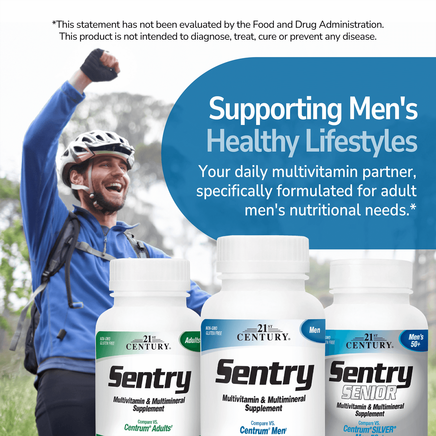 An image of a man on a mountain bike with his hand in the air making a fist with trees in the background, a bottle of sentry adults, sentry men and sentry senior, and the claim supporting men's healthy lifestyles, your daily multivitamin partner, specifically formulated for adult men's nutritional needs.