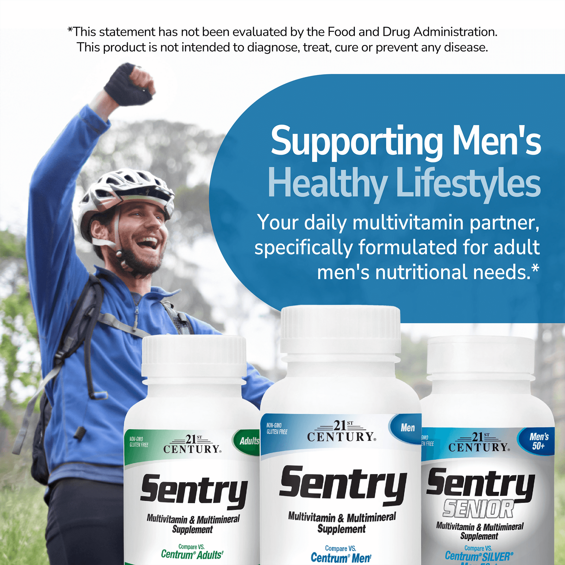 An image of a man on a mountain bike with his hand in the air making a fist with trees in the background, a bottle of sentry adults, sentry men and sentry senior, and the claim supporting men's healthy lifestyles, your daily multivitamin partner, specifically formulated for adult men's nutritional needs.