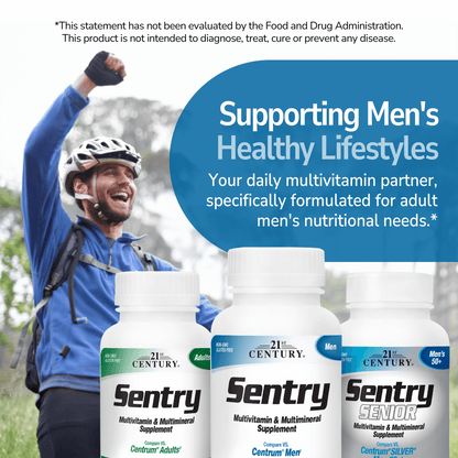 An image of a man on a mountain bike with his hand in the air making a fist with trees in the background, a bottle of sentry adults, sentry men and sentry senior, and the claim supporting men's healthy lifestyles, your daily multivitamin partner, specifically formulated for adult men's nutritional needs.