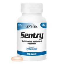A bottle of 21st Century Sentry Mens Multivitamin and Multimineral tablets with a multivitamin tablet in front.