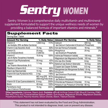 An image of Sentry Senior Women supplement facts panel with the claims Sentry Women is a comprehensive daily multivitamin and multimineral supplement formulated to support the unique wellness needs of women by providing a balanced formula of important vitamins and minerals.