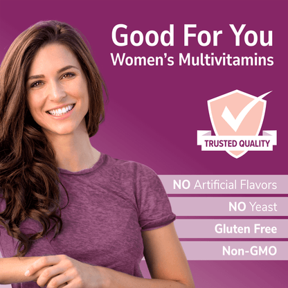 An image of a woman smiling, a trusted quality seal, the copy good for you women's multivitamin, and the nutrient claims no artificial flavors, no yeast, gluten free and non-gmo.