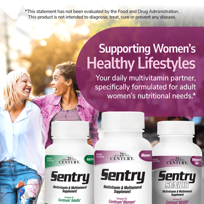 And image of female friends laughing with their hands around each other while walking outdoors, a bottle of sentry, a bottle of sentry women's and a bottle of sentry seniors women's 50+ and the claim supporting women's healthy lifestyles, your daily multivitamin partner, specifically formulated for adult women's nutritional needs.
