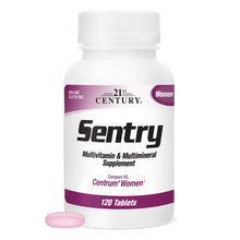 A bottle of 21st Century Sentry Women's Multivitamin and Multimineral tablets with a woman's multivitamin tablet in front.