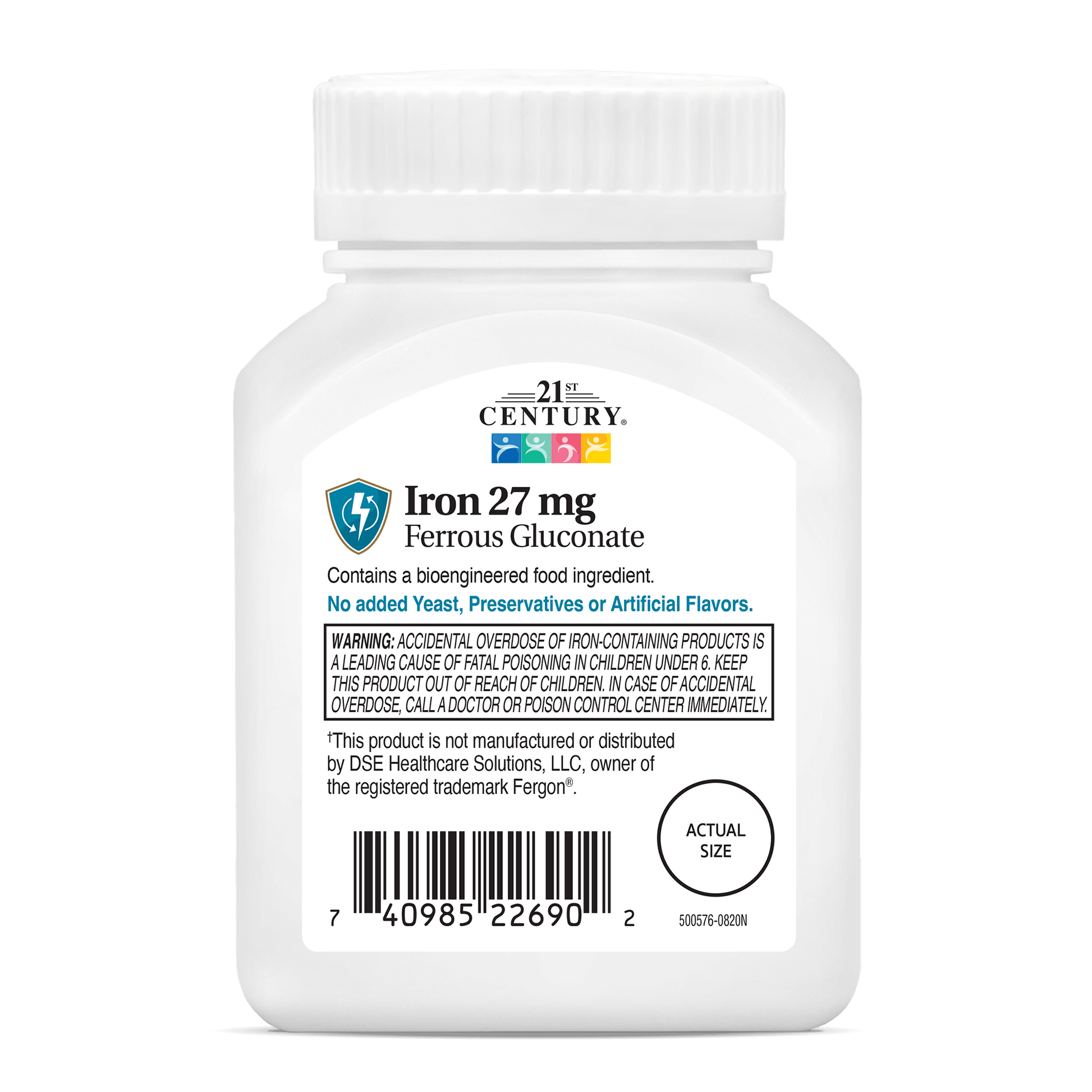 Back side bottle view of 21st Century Iron 27 mg Ferrous Gluconate high potency tablets.