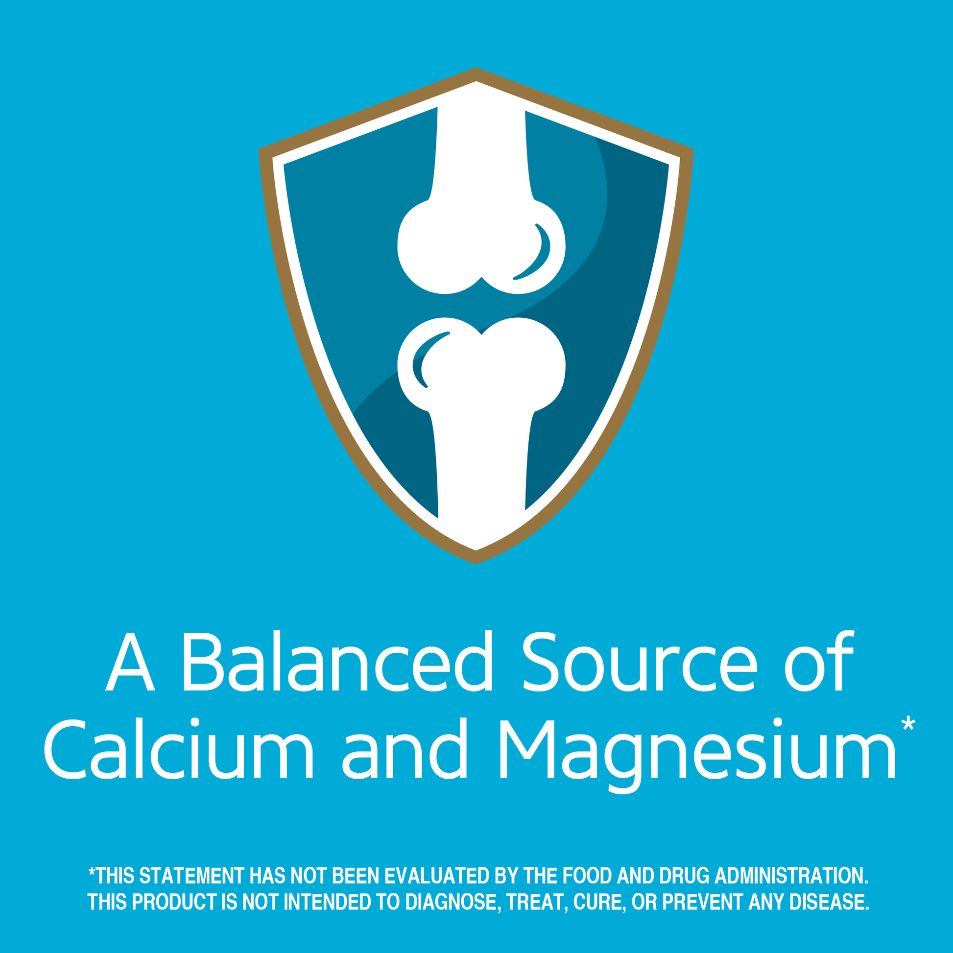 A balanced source of calcium and magnesium claim with bone health graphic icon.