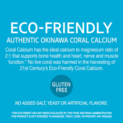 A graphic icon with the words eco-friendly authentic okinawa coral calcium, coral calcium has the ideal calcium to magnesium ration of 2:1 that supports bone health and heart, nerve and muscle functions, no added salt, yeast or artificial flavors and gluten free.