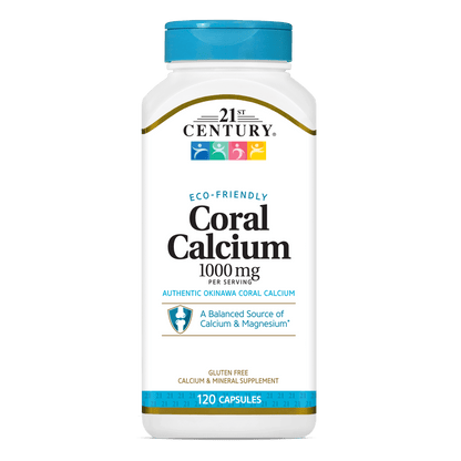 A bottle of 21st Century Coral Calcium 1000 mg per serving capsules.