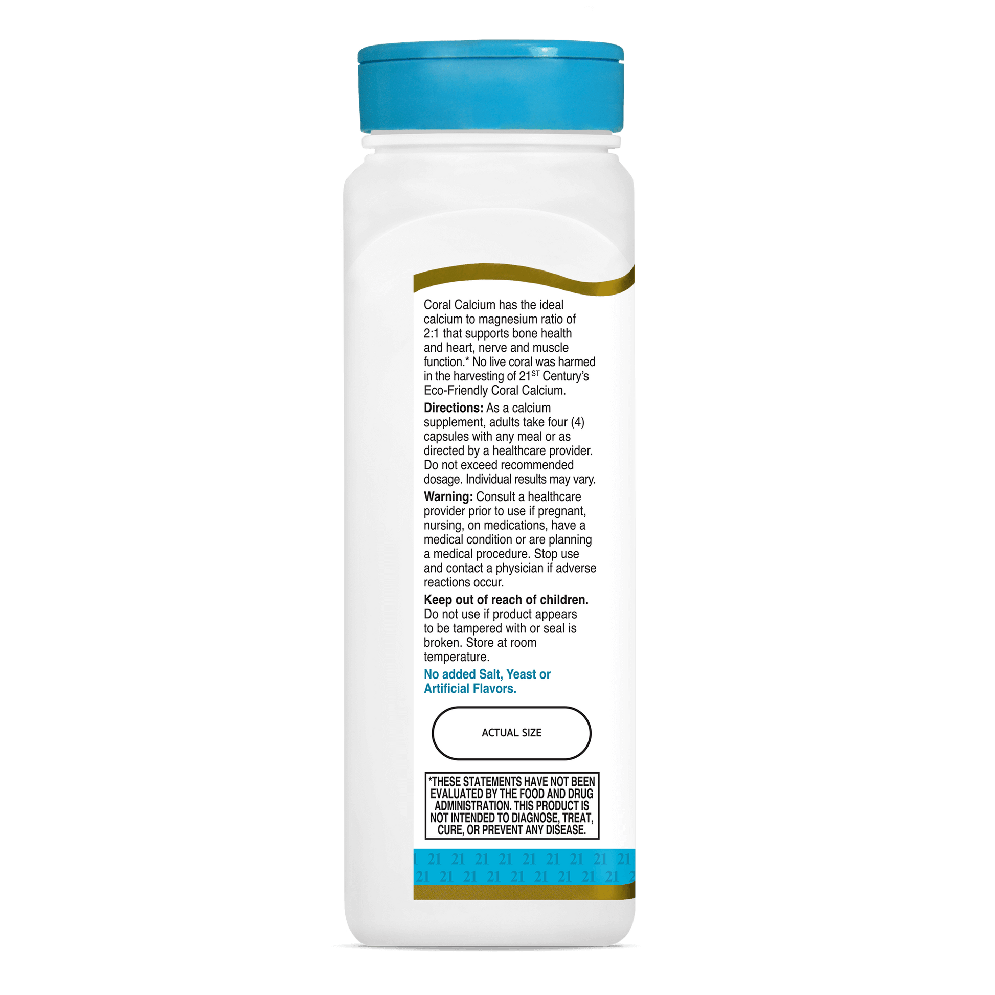 Left side bottle view of 21st Century Coral Calcium 1000 mg per serving capsules.