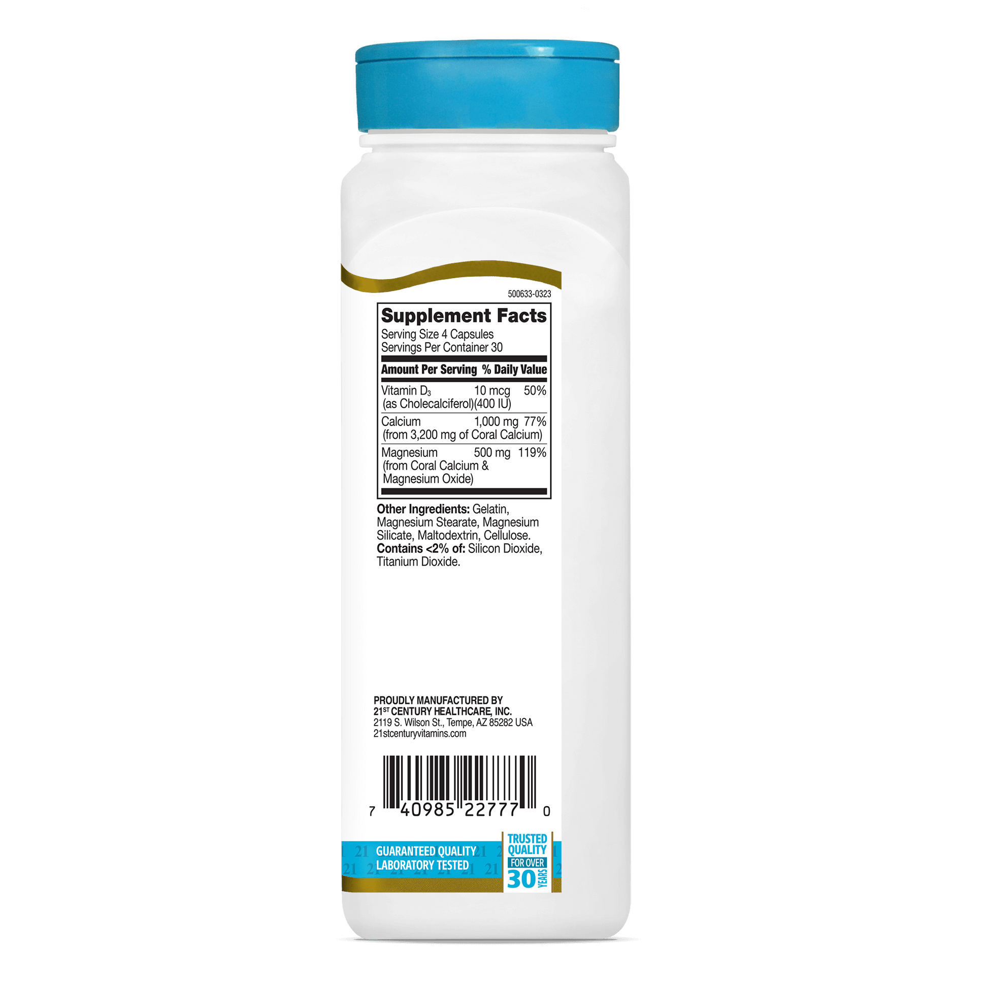 Right side bottle view of 21st Century Coral Calcium 1000 mg per serving capsules.
