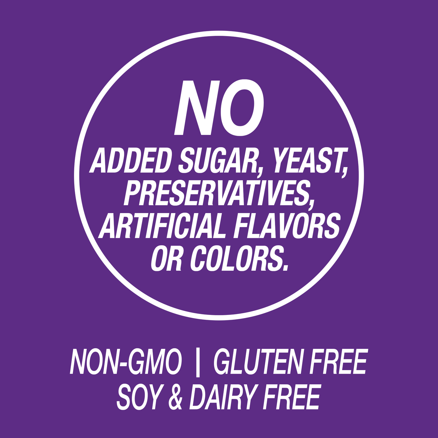 A graphic icon with the words no added sugar, yeast, preservatives, artificial flavors or colors, non-GMO, gluten free, soy and dairy free.