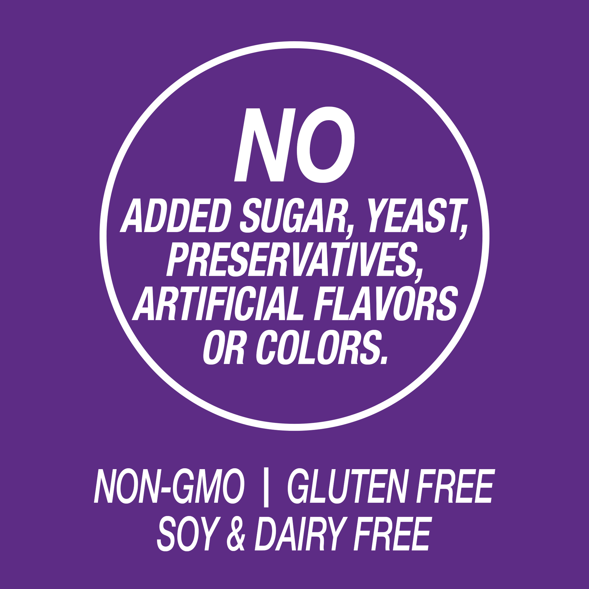 A graphic icon with the words no added sugar, yeast, preservatives, artificial flavors or colors, non-GMO, gluten free, soy and dairy free.