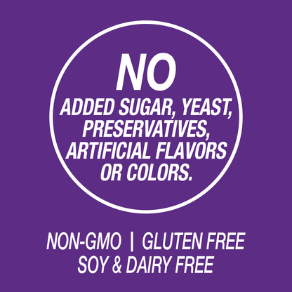 A graphic icon with the words no added sugar, yeast, preservatives, artificial flavors or colors, non-GMO, gluten free, soy and dairy free.