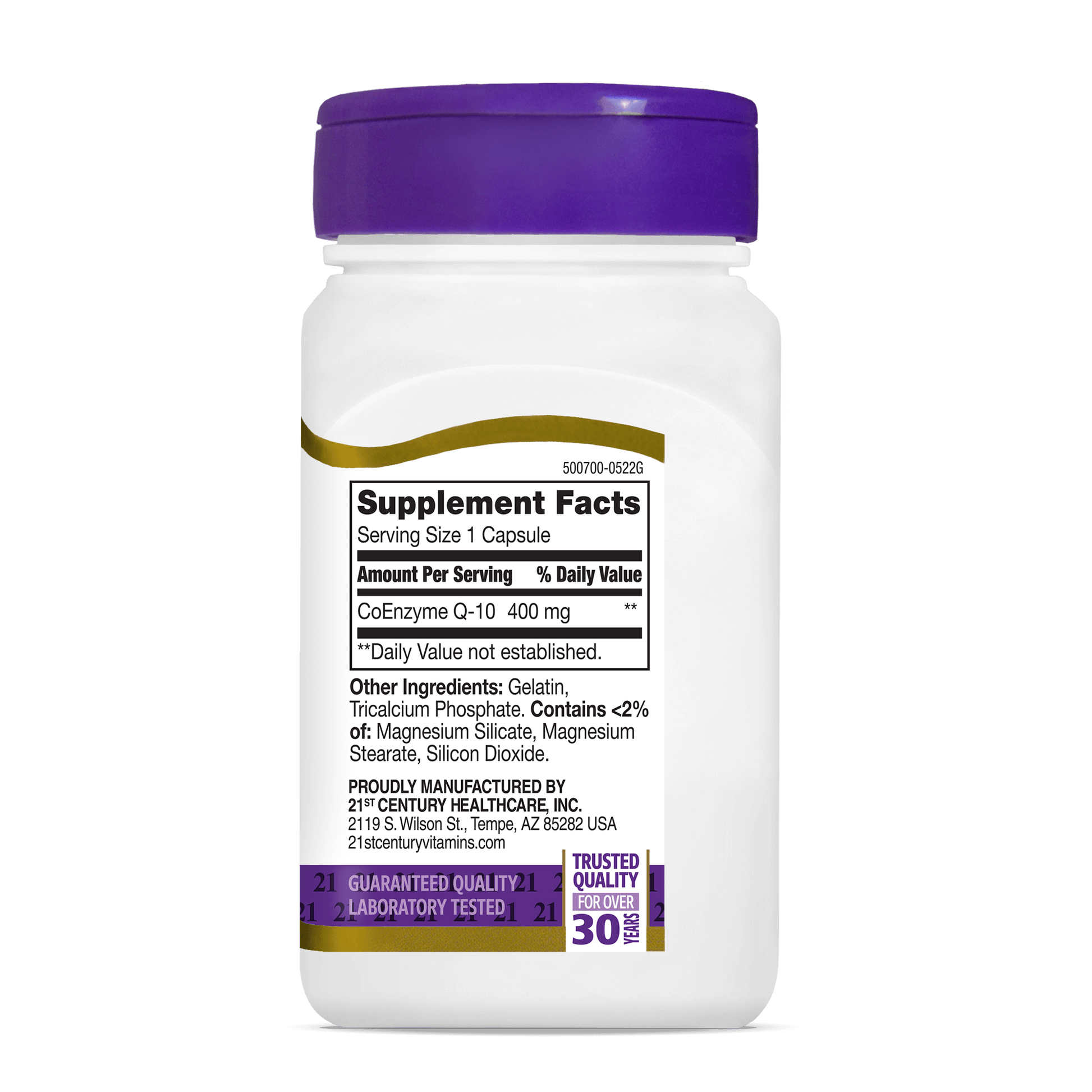 Right side bottle view of 21st Century Co Q-10 400 mg capsules.