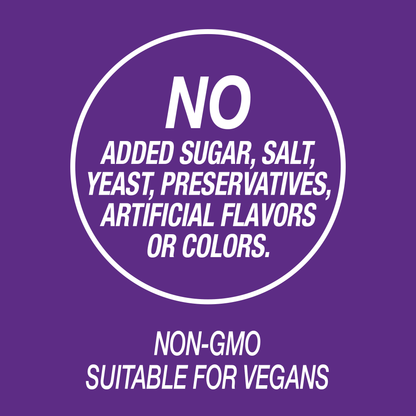 A graphic icon with the words no added sugar, salt, yeast, preservatives, artificial flavors or colors, non-GMO and suitable for vegans.