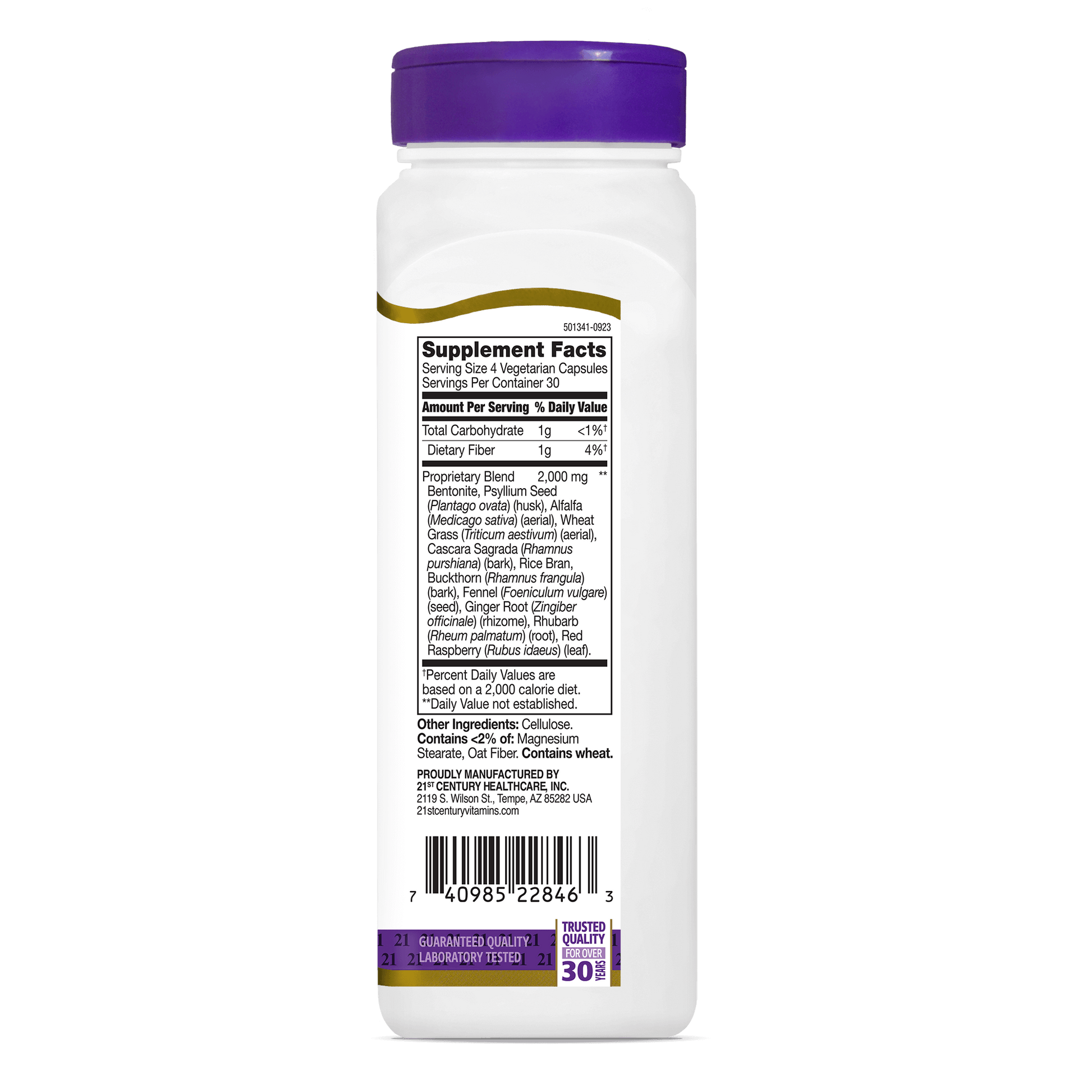 Right side bottle view of 21st Colon Cleanse vegetarian capsules.