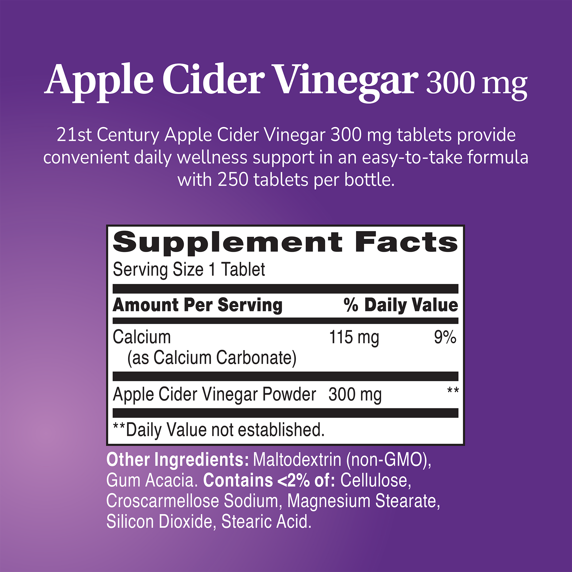 Supplement label for Apple Cider Vinegar with ingredient list and serving size on a purple background