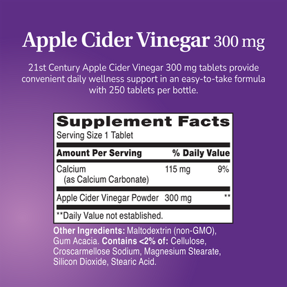 Supplement label for Apple Cider Vinegar with ingredient list and serving size on a purple background