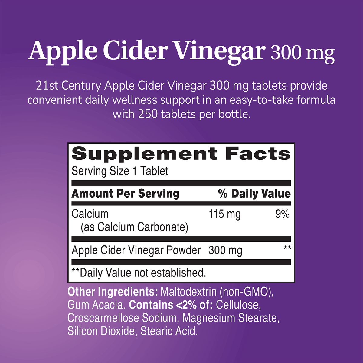 Supplement label for Apple Cider Vinegar with ingredient list and serving size on a purple background 