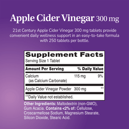 Supplement label for Apple Cider Vinegar with ingredient list and serving size on a purple background 