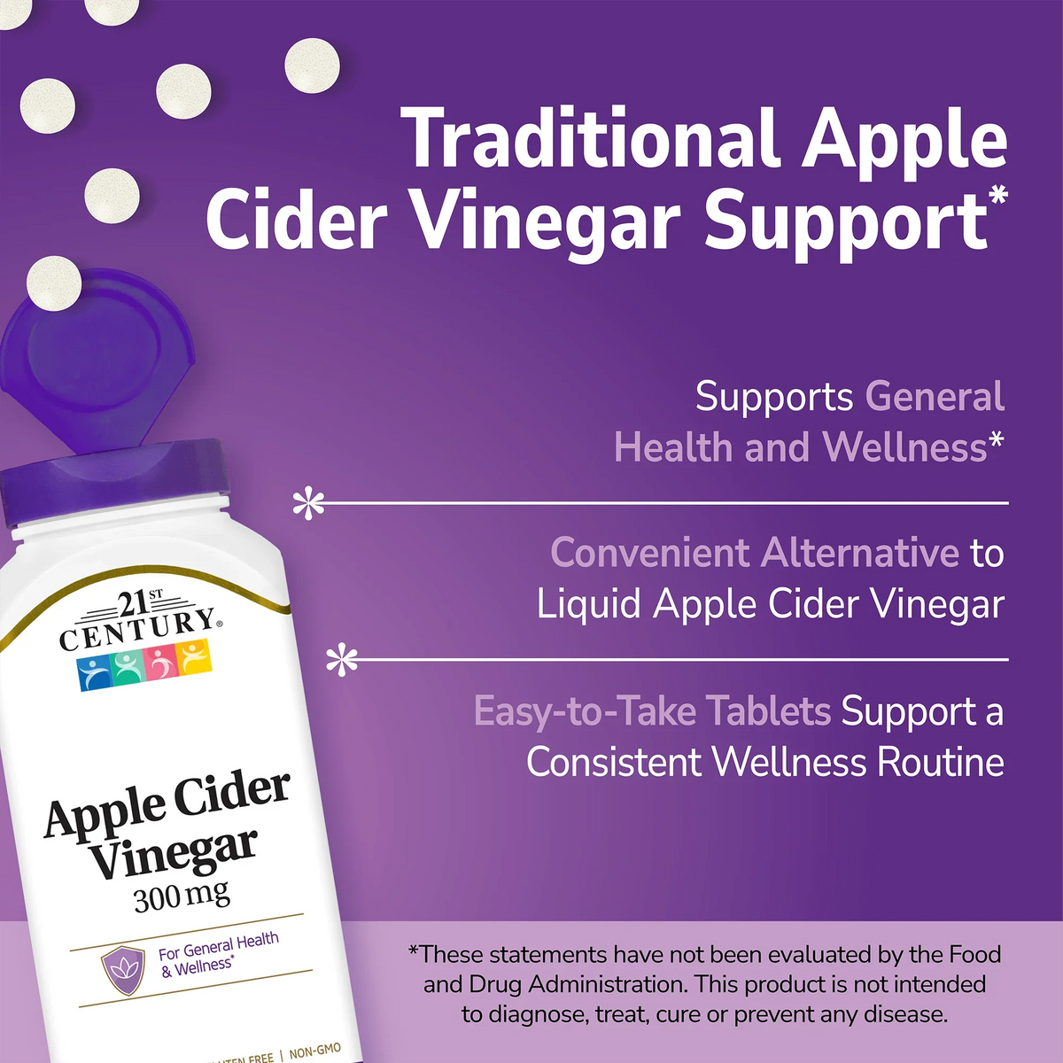 21st Century Apple Cider Vinegar supplement bottle with pills spilling out and white text on a purple background