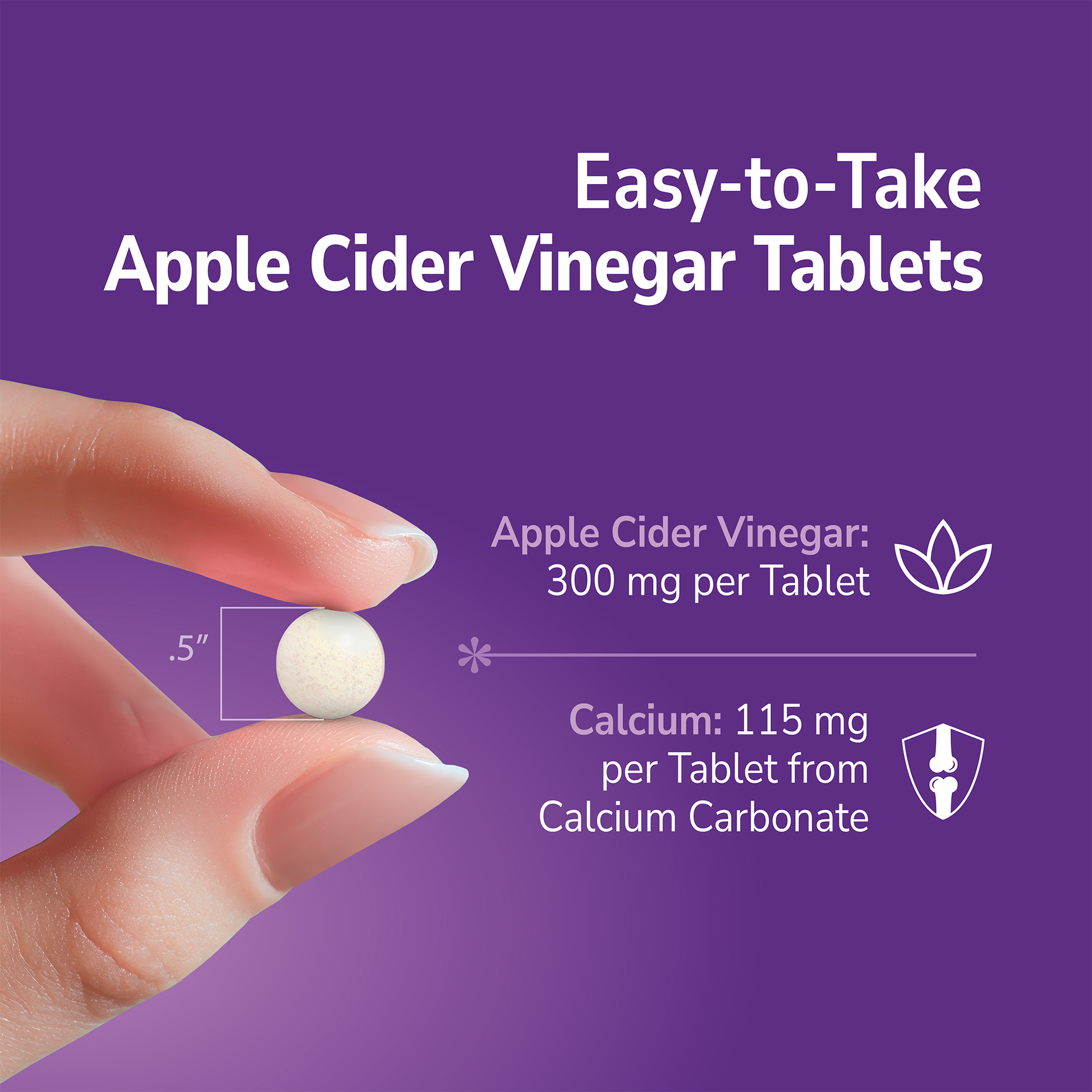 Hand holding an Apple Cider Vinegar supplement with text about product benefits on a purple background