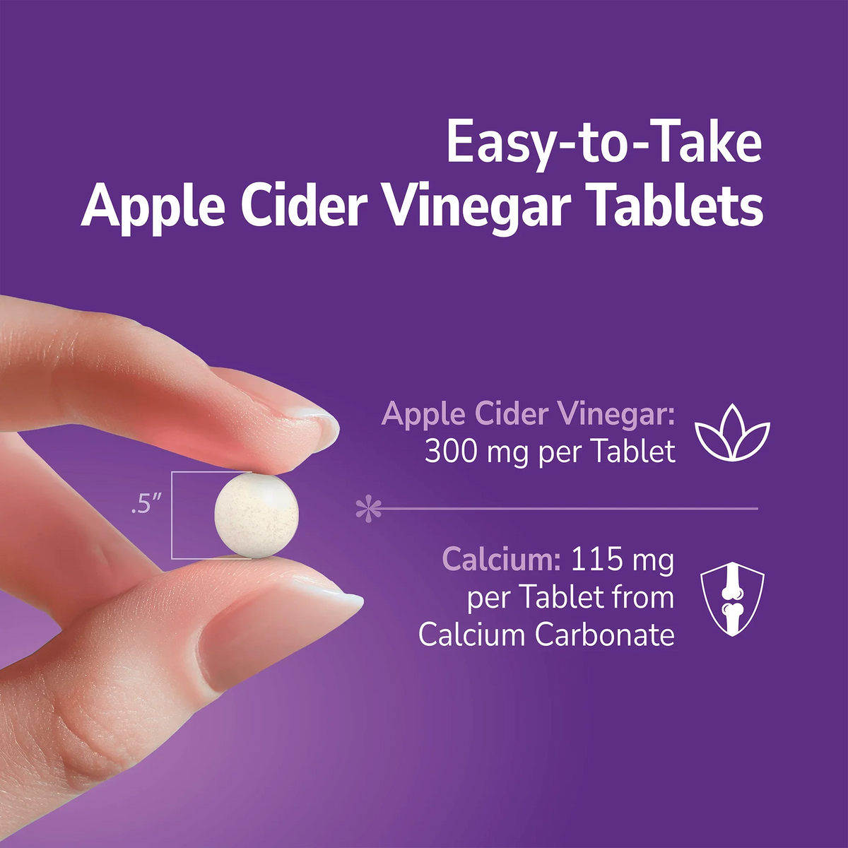 Hand holding a Apple Cider Vinegar supplement with text about product benefits on a purple background