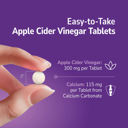 Hand holding a Apple Cider Vinegar supplement with text about product benefits on a purple background