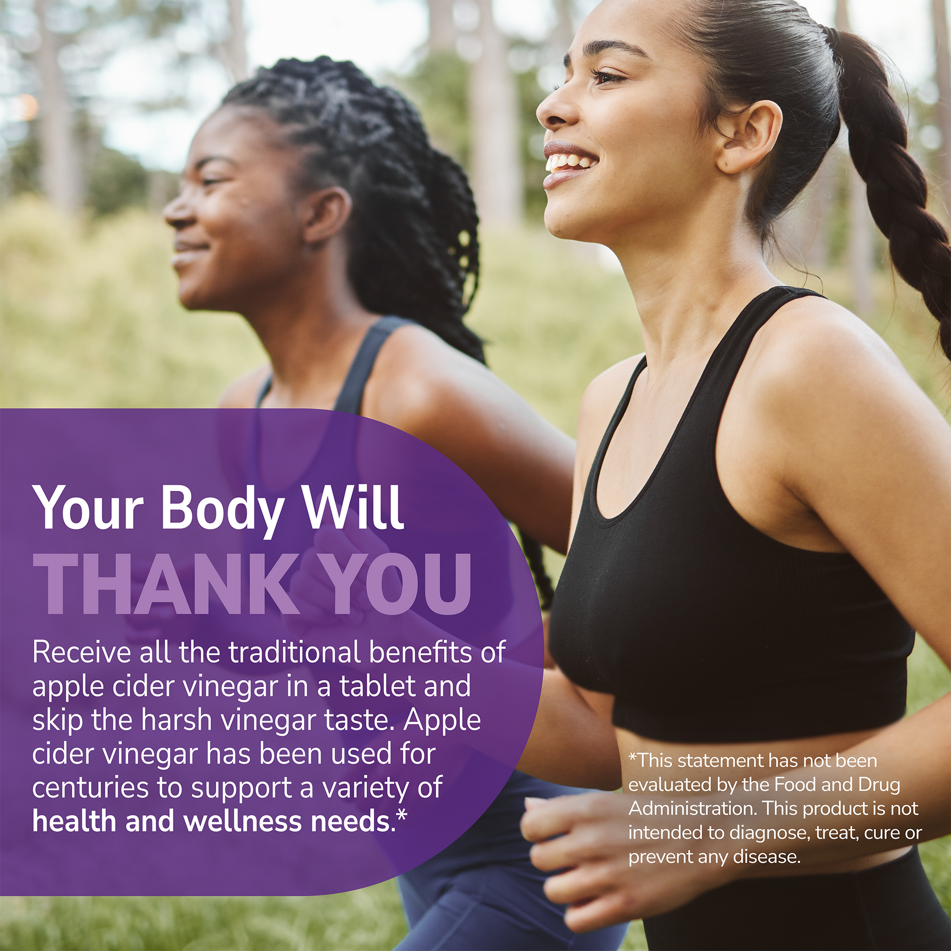 Young women running outside with health supplement information overlay