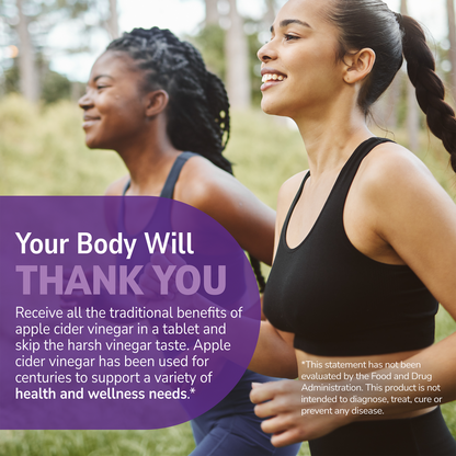 Young women running outside with health supplement information overlay