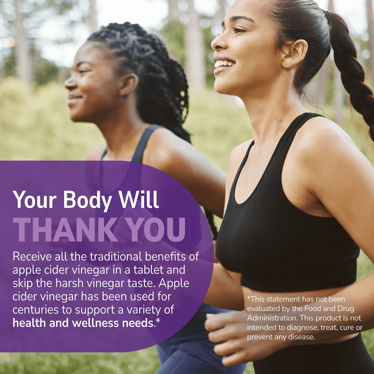 Women running with health supplement information overlay