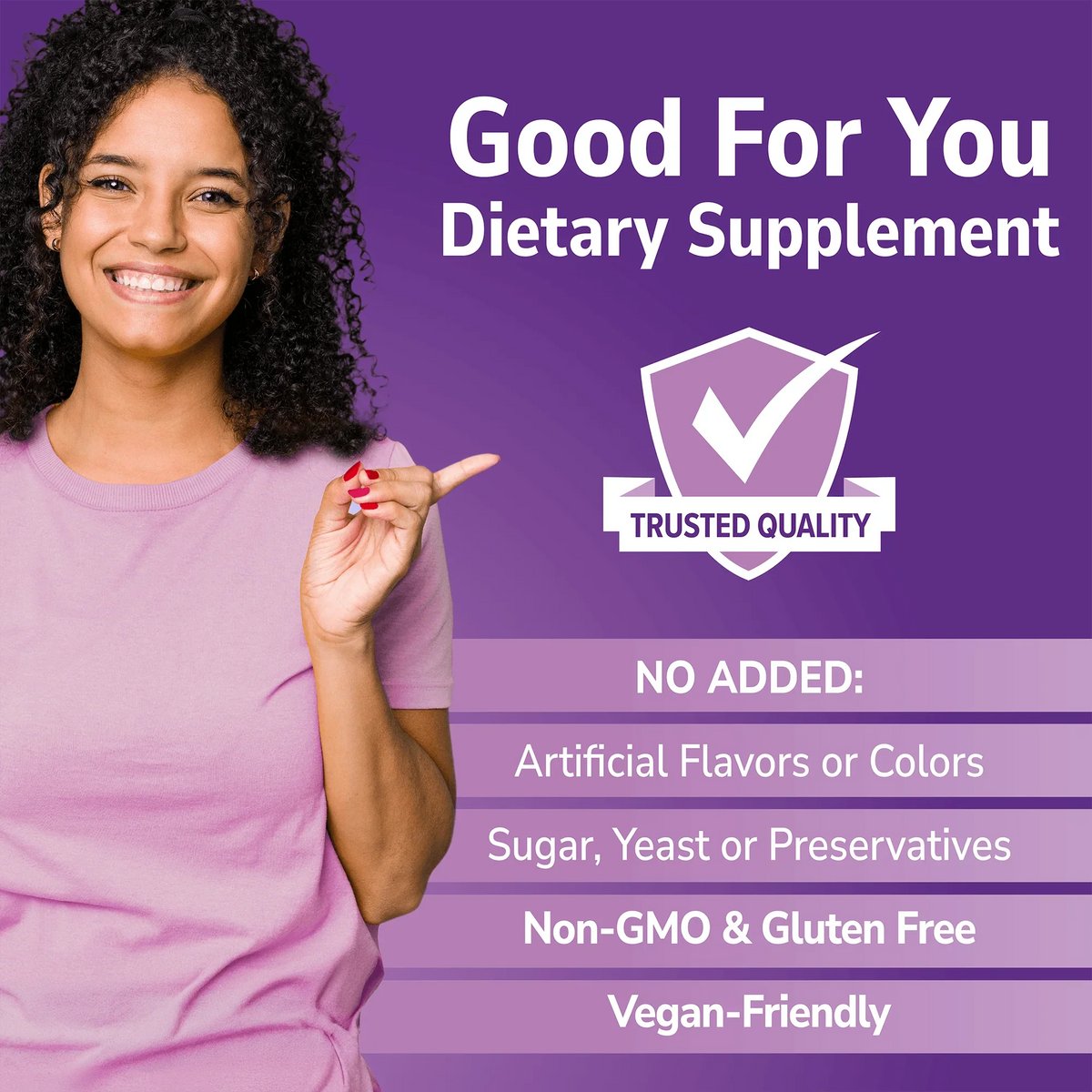 Woman holding her hand out with Good For You branding on a purple background and No Added info